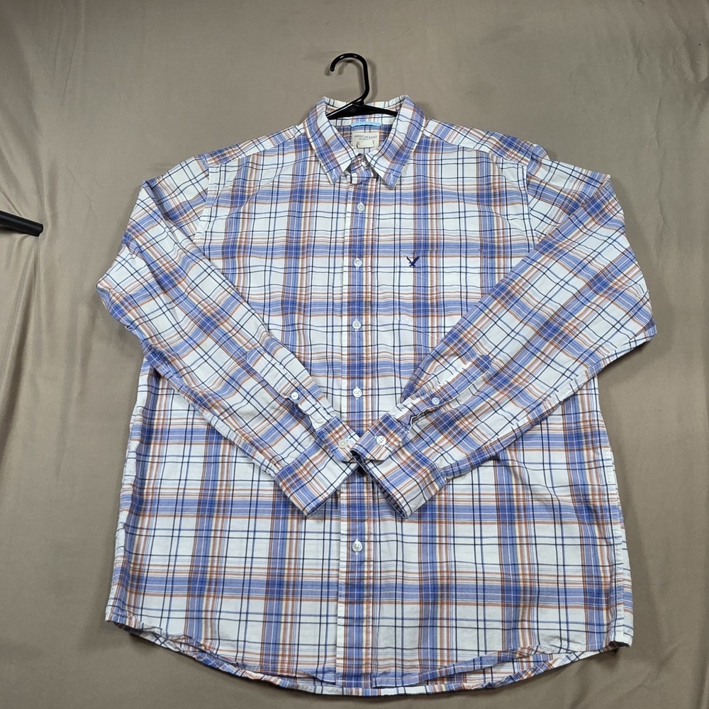 American Eagle Mens Large Plaid Button Down Shirt Long Sleeve Blue Orange L AEO